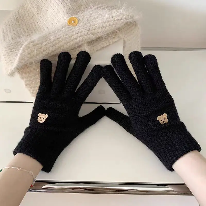 KayCrowne New Cute Bear Full Finger Gloves for Women Elegant Winter Warm Student Writing Acrylic Knitted Show Finger Glove Girls