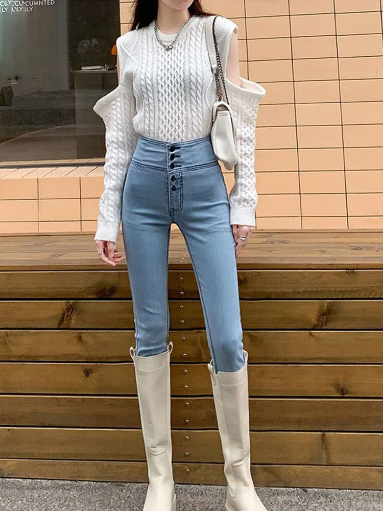 Mode droite maigre taille haute jean Reteo femmes coréen crayon Denim pantalons mince Streetwear Vintage Vaqueros