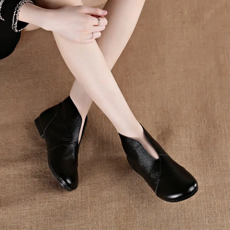 V Neck Concise Monk Shoes Women\'s Genuine Leather Ankle Boots Ladies Designer Red Booties Woman Slip On Chelsea Boot Autumn Fall