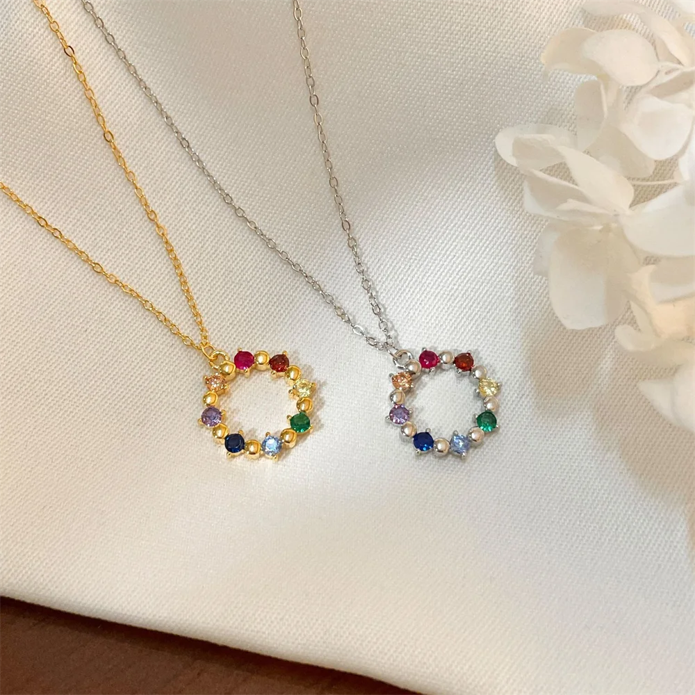 

6. Корейское модное элегантное ожерелье с ключицей, цветной циркон из стерлингового серебра S925, подвеска в виде радужного пончика, ожерелье