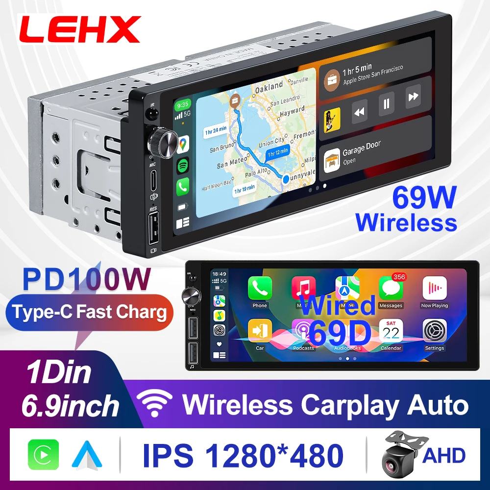 LEHX 1din 6.9 IPS Touch Screen Carplay Android Auto Mirror Link Car Radio Multimedia 1 din Car Stereo MP3 MP5 Player FM Headunit