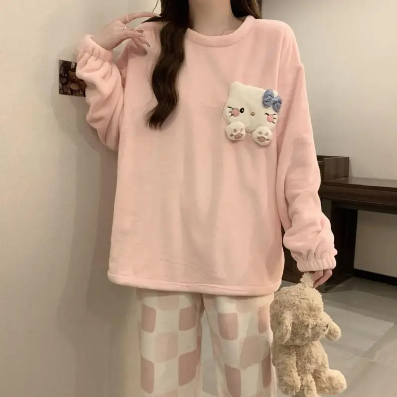

Sanrio Hello Kitty Pajama Set For Women Coral Fleece Flannel Autumn Winter Plush Thick Warm Cute Internet Celebrity Style new