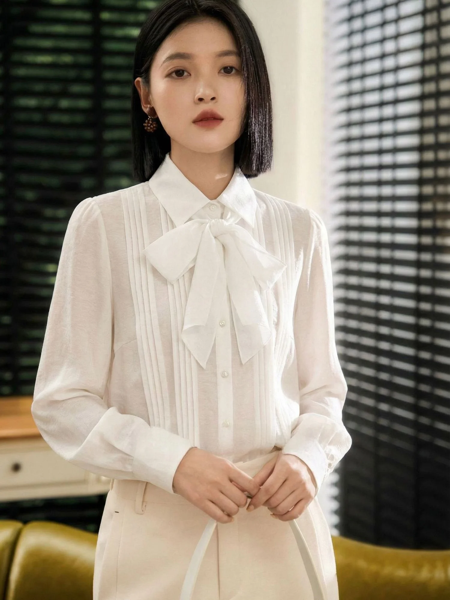 

Элегантная женская летняя тонкая белая рубашка с длинным рукавом и узлом, приталенная, в стиле Chivirin Lyrical Fashion, для повседневной носки