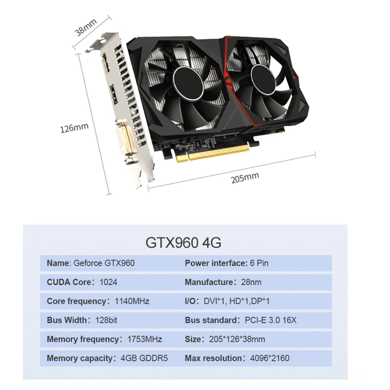 Geforce GTX960 4GB GDDR5 Graphics Card 28Nm 1140Mhz 1753Mhz 128 Bit 6 Pin PCI-E 3.0 16X 4096X2160 DVI+HD+DP Video Card Durable