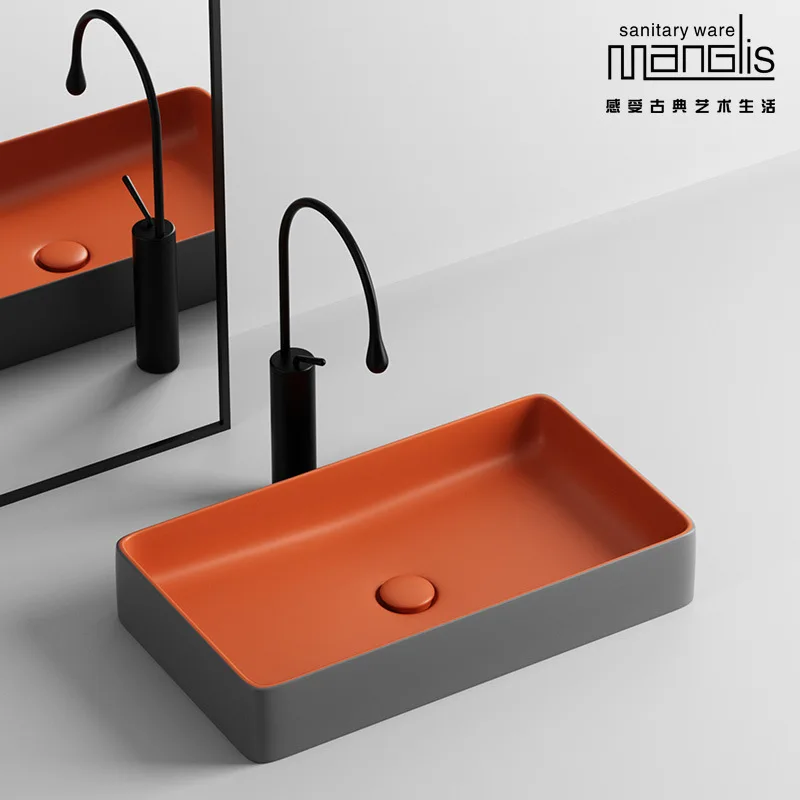 

Matte Grey Ceramic Washbasin Hotel Modern Countertop Art Basin Orange Rectangular Bathroom Sink Sample Vessel Sink With Faucet