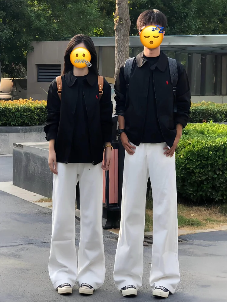 

Белые расклешенные прямые джинсы, мужские и женские длинные джинсы для пар в американском стиле High Street Vibe, повседневная одежда из смеси хлопка и полиэстера