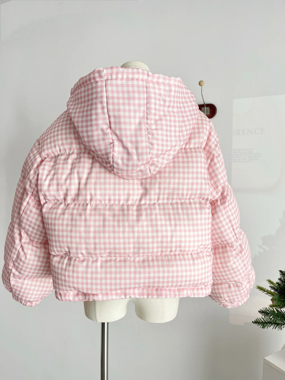 Manteau court en duvet de canard rose et blanc pour femme, joli manteau chaud à manches longues, à capuche, à carreaux, mignon, rembourré, vêtements d'extérieur, automne hiver