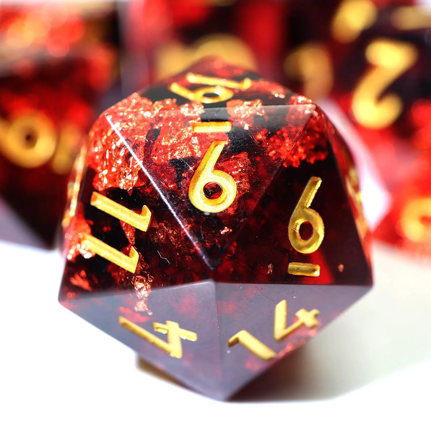 

Handcrafted Ruby Resin DND Dice SetDeep Red with Shimmering Gold Foil & Black Veins Premium RPG Dice for Tabletop Games N40