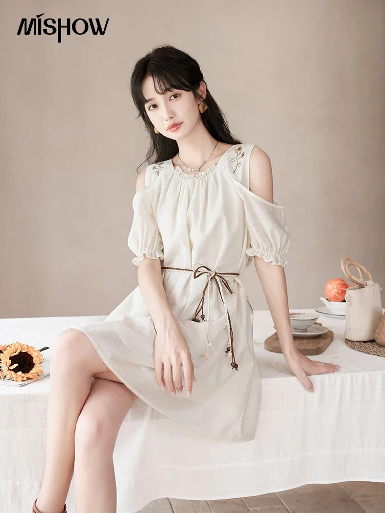 MISHOW Embroidery Sunflower Dress Summer 2023 French A-LINE Off Shoulder Sleeve Waist Strap O-Neck Knee-Length Dress MXC39L1526