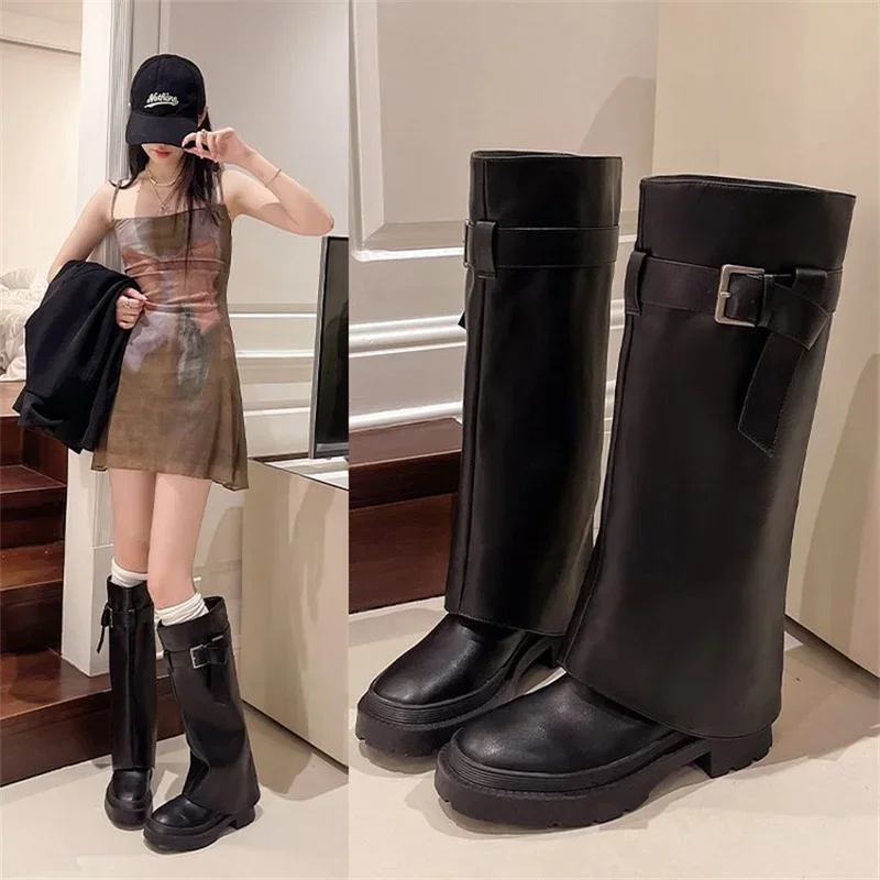 

Belt Buckle Round Toe Knee High Women Boots Thick Sole Chunky Heels Black Slip On Fashion Concise Elegant Western Female Shoes