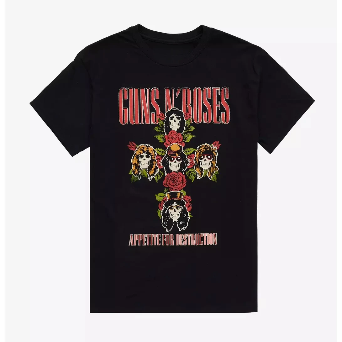 Guns N' Roses Appetite for Destruction Floral Cross Band T-Shirt Cotton Graphic Tee Men Women Summer Streetwear