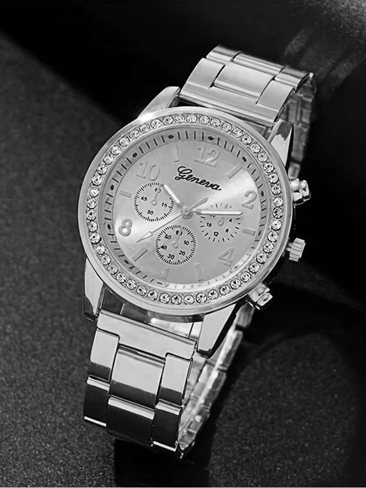 Fashionable and versatile diamond inlaid rhinestone, quartz steel bracelet watch, necklace, earrings, ring, bracelet, 6 pieces