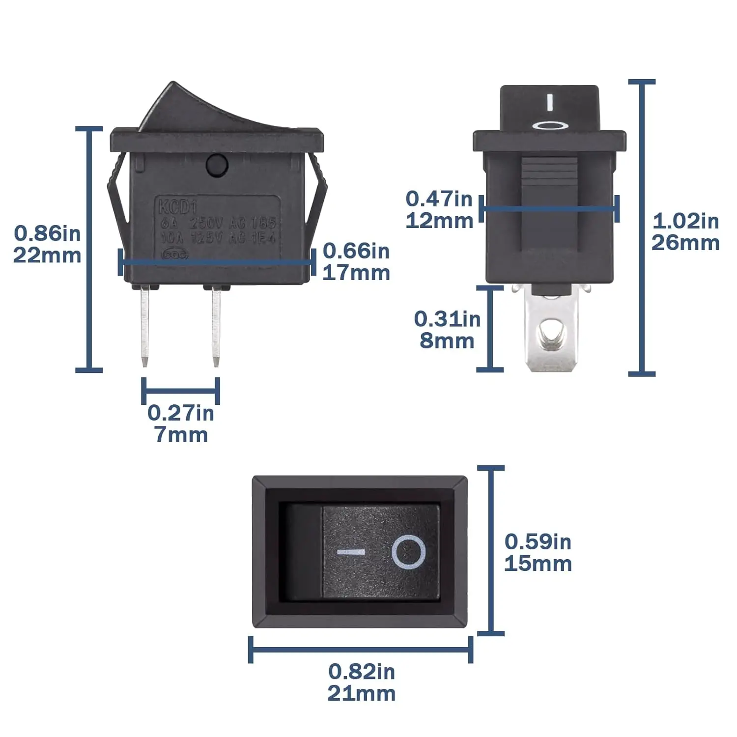 10pcs Mini Rocker Switch On Off 2Pin 2 Position Black Boat Rocker Toggle Switch KCD1 SPST Snap-in Square Switches for Car Marine