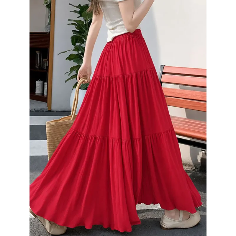 Women Red Elastic High Waist Tiered Maxi Skirt Flowy Loose Swing Long Skirt Summer Beach Casual Dress Skirt