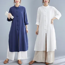 Women Linen Jacket Long Robe Chinese Traditional Retro Kungfu Wushu Tai Chi Uniform Teaism Wear Casual Loose Outfits Gown Hanfu