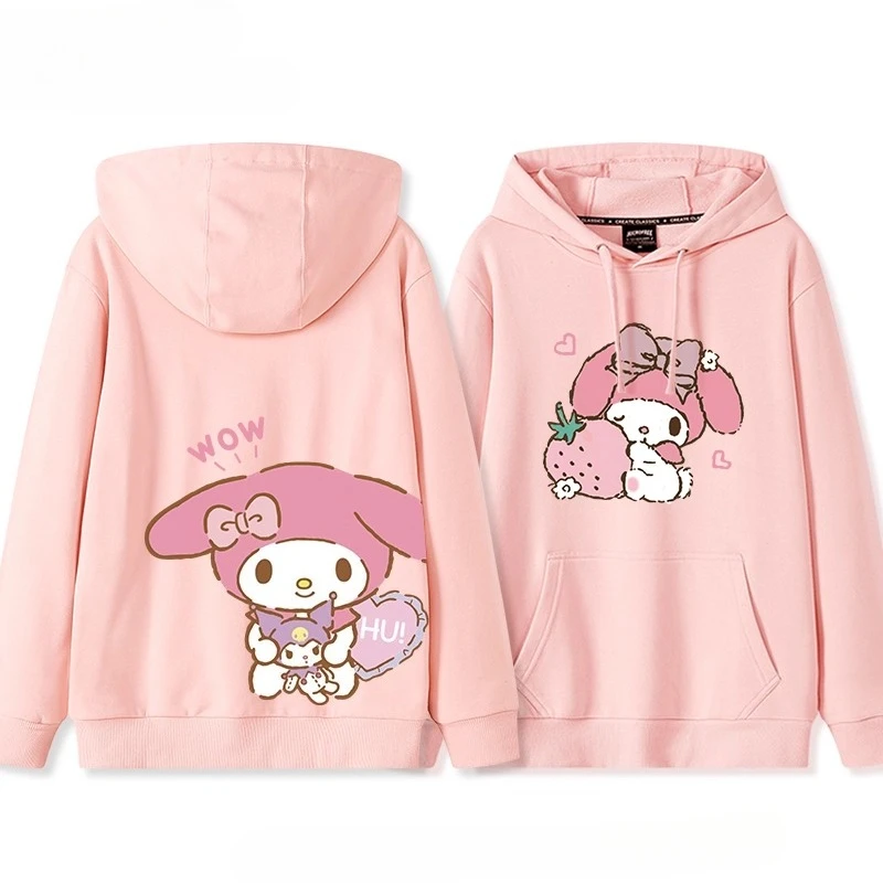 日本のレトロなソフトでキュートなマイメロディのイチゴ柄プリントのフード付きセーター、インスタイルのトレンド、ゆったりとしたカジュアルスタイル、キュートな女の子のトップス