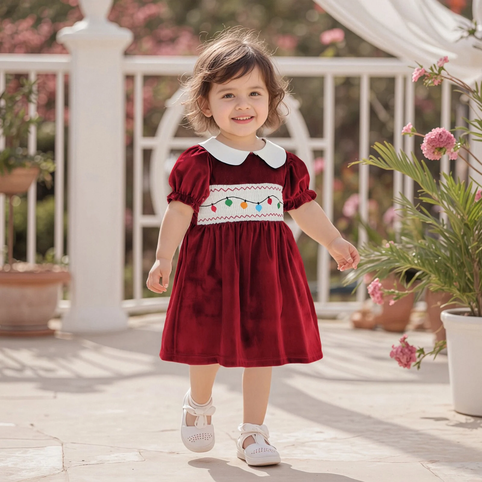 فستان للفتيات الصغيرات لعيد الميلاد على شكل حرف A، فستان مخملي مطرز بأكمام قصيرة وياقة الدمية #3