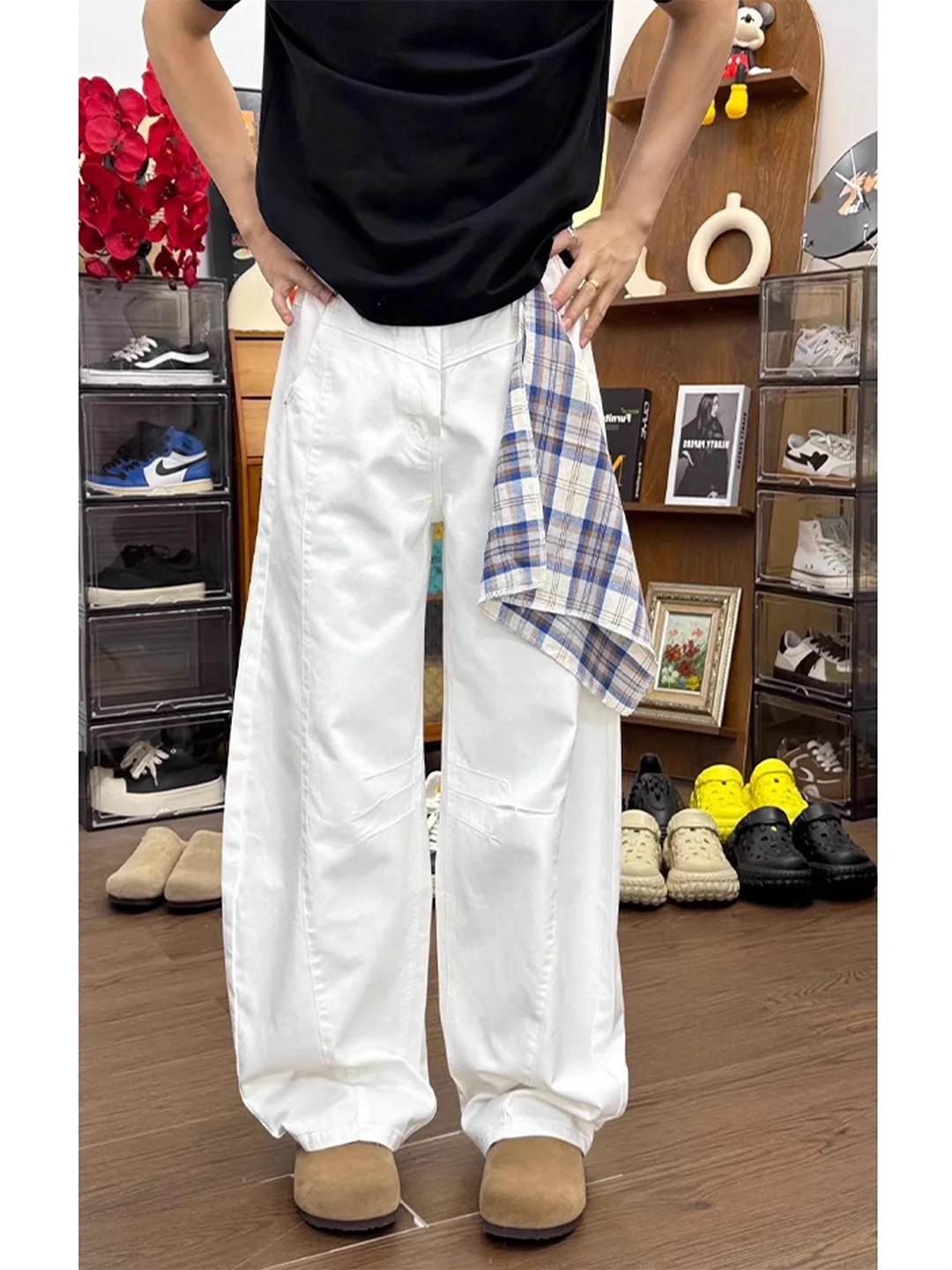 

Белые повседневные брюки-кюлоты Knife-ape для мужчин, летние, в американском ретро-стиле, со съемным шарфом, тонкие, прямого кроя