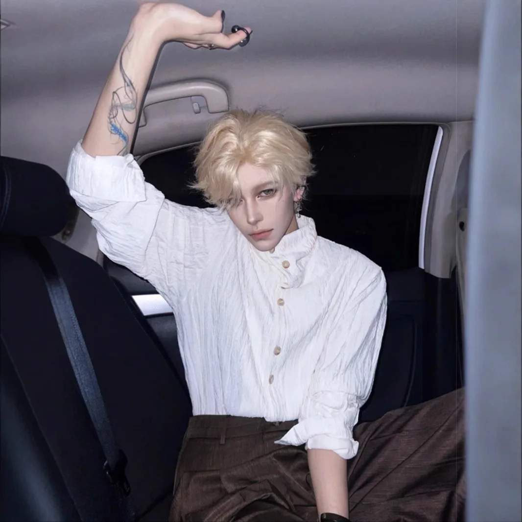 Unisex Casual Shirts 2025 New French Chic Cleanfit Shirt Stand Collar Ruched Design Retro Texture Long Sleeve Elegant Casual Top