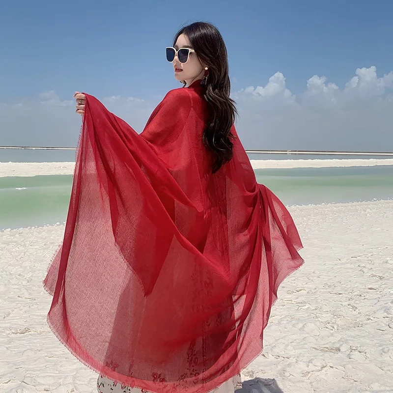 

Sunscreen Women's Solid Color Red Ultra-thin Soft Breathable Elegant Long Scarf Beach Wear Suitable for Holiday Gift Gatherings