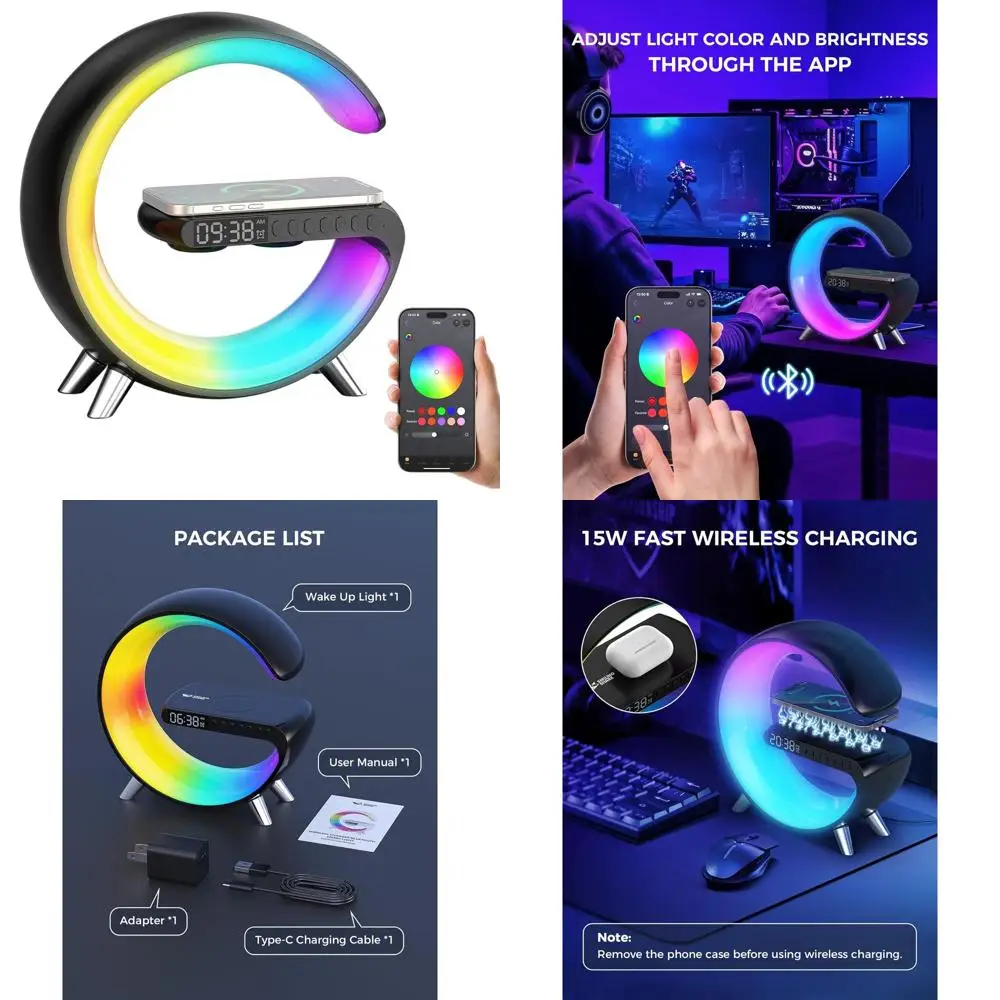 

Умная настольная лампа Bluetooth: имитация рассвета, беспроводная зарядка, двойной будильник, белый шум, регулируемая яркость для дома