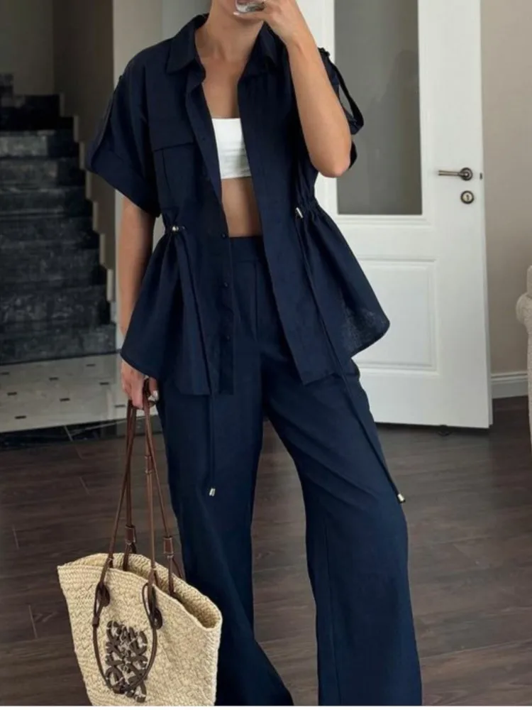 ฤดูร้อนใหม่สีทึบชุดลําลองแฟชั่นผู้หญิง Workwear สไตล์กระเป๋าสตางค์อารมณ์เดินทาง 2 ชิ้นชุด