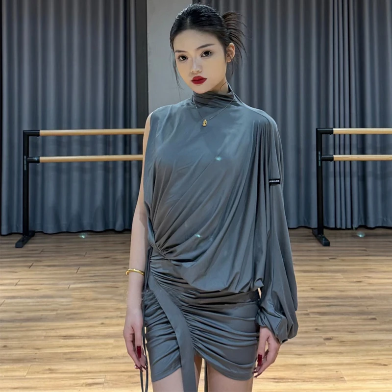 Falda de Rumba latina de una manga para mujer, ropa de Danza moderna para adultos, traje de baile latino Samba, traje de entrenamiento SL14501