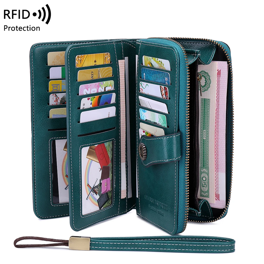 

RFID anti-theft brush Retro large capacity long wallet Multi-card women's wallet Multi-function zipper wallet with wrist strap