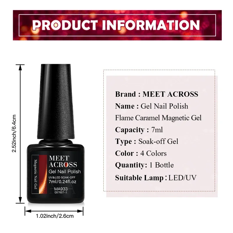 7ml MEET ACROSS Classic Red Cat Eye Gel Nail Polish 2025 Top Selling Red Color Flash Glass Beads Cat Magnetic Gel Red Nails