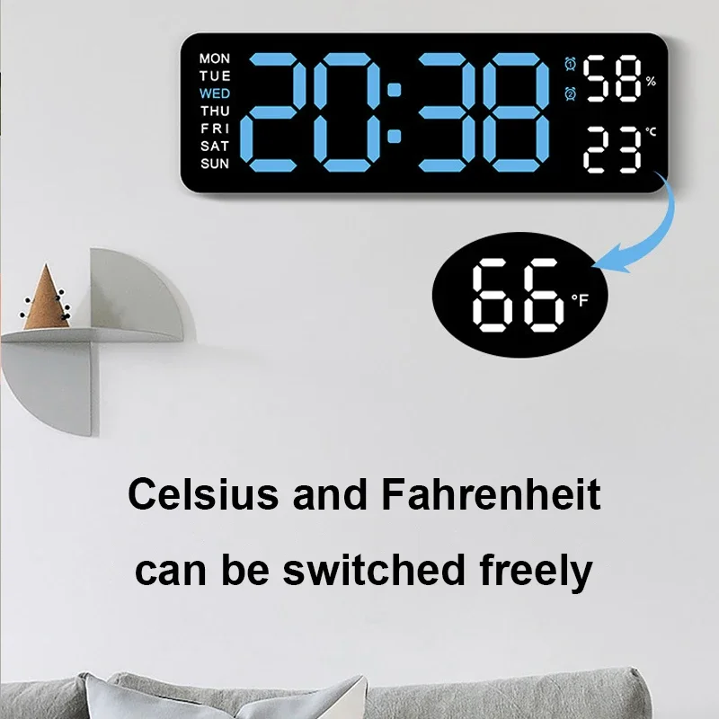 Large Digital Wall Clock Temperature Date Week Timing Countdown Light-sensing Table Clock 2 Alarm 12/24H LED Alarm Clock