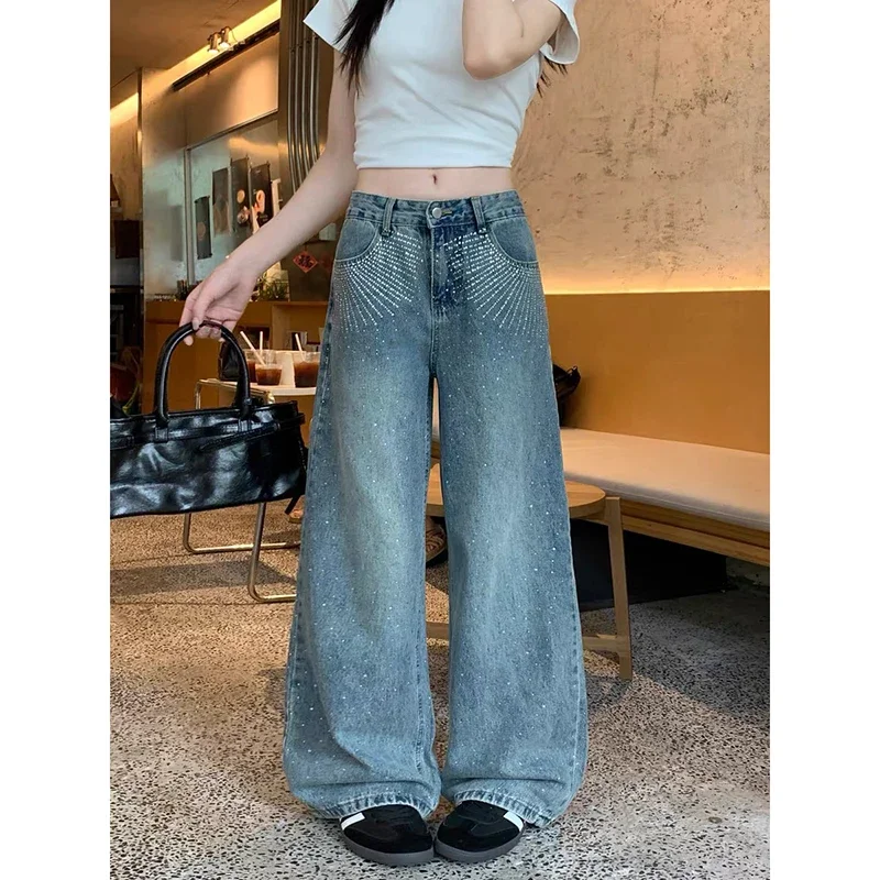 

Осень 202, женские винтажные мешковатые джинсы со стразами для мам Y2K, широкие джинсовые брюки в стиле Харадзюку, брюки 2000-х годов в стиле киберпанк, гранж