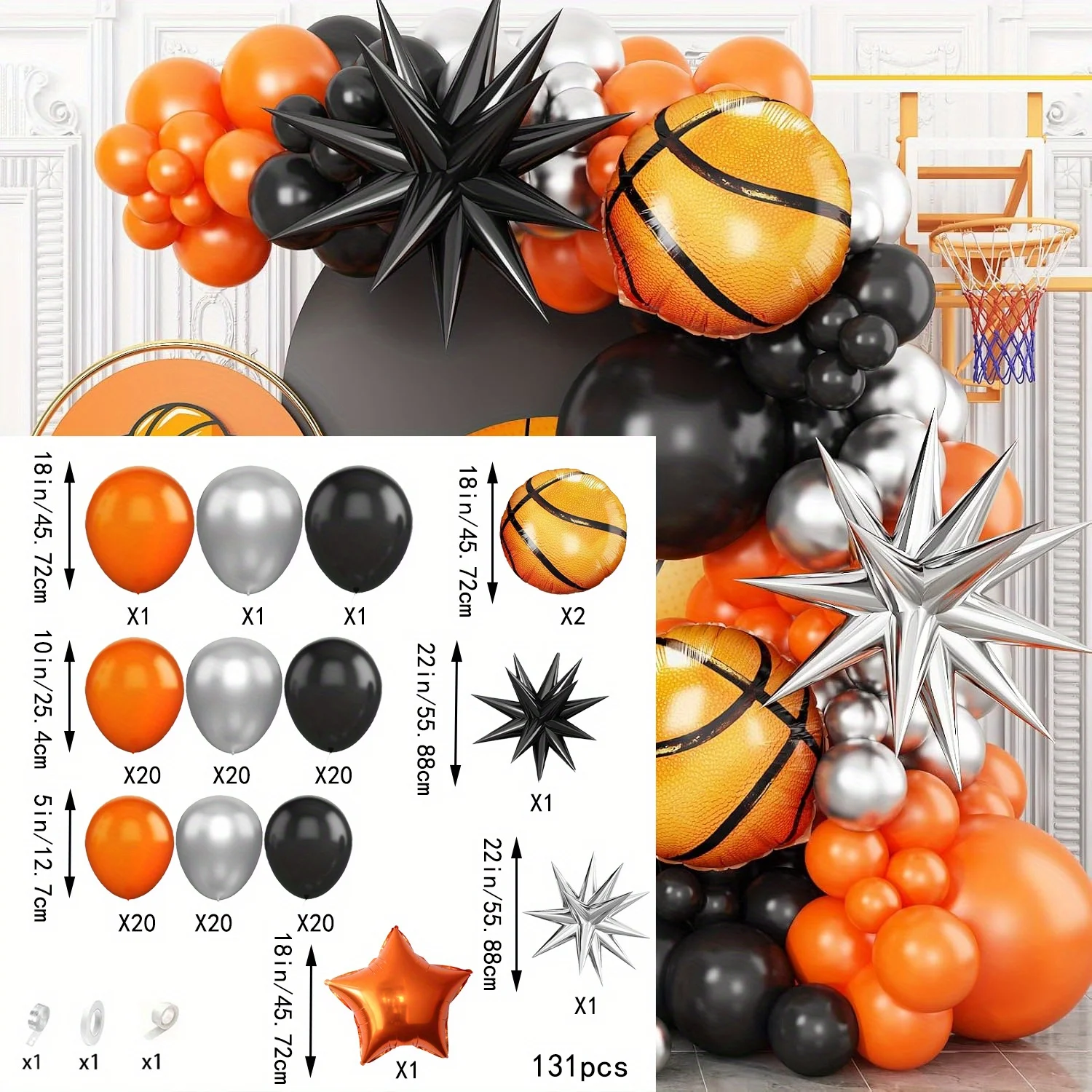 131pcs Basketball Themed Arch Garland Balloon Kit, Suitable for Birthday, Graduation, Anniversary and Other Scene Decoration