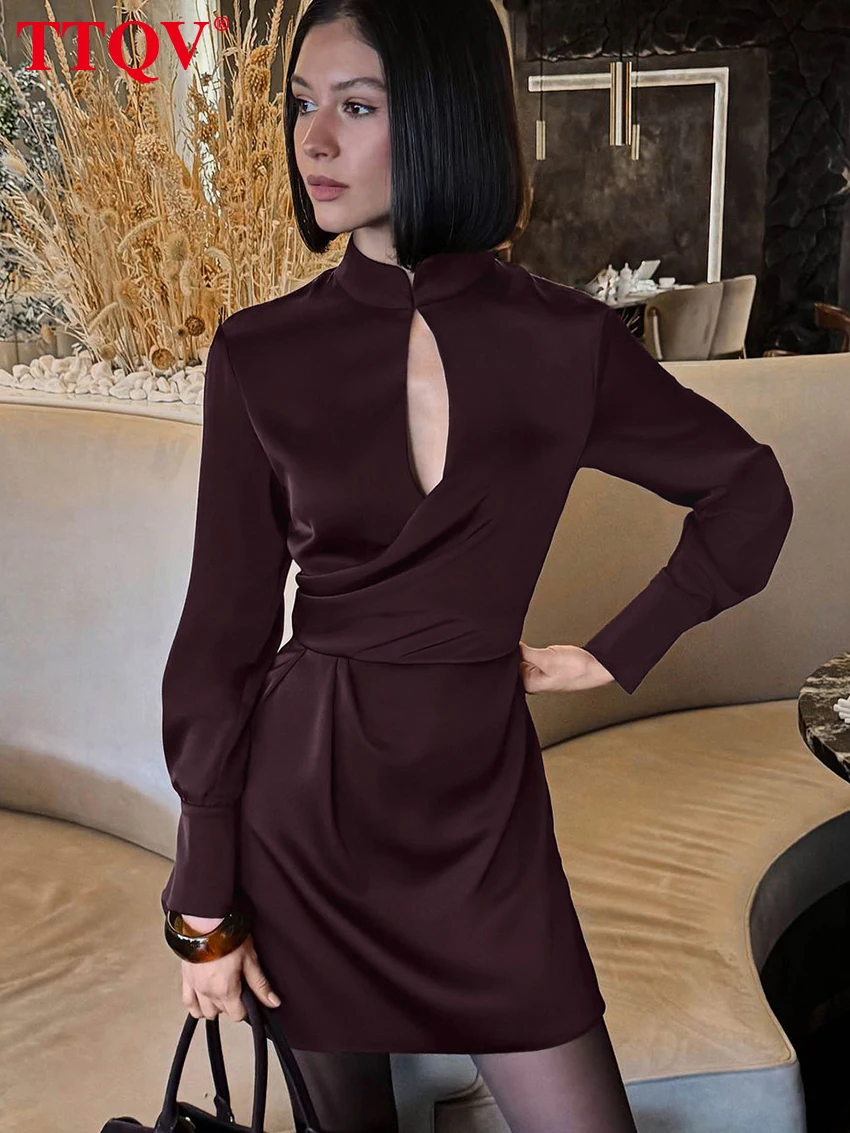 

TTQV Fashion Loose Black Satin Women's Dress 2025 Casual Stand Collar Long Sleeve Mini Dresses Elegant Classic Female Dress