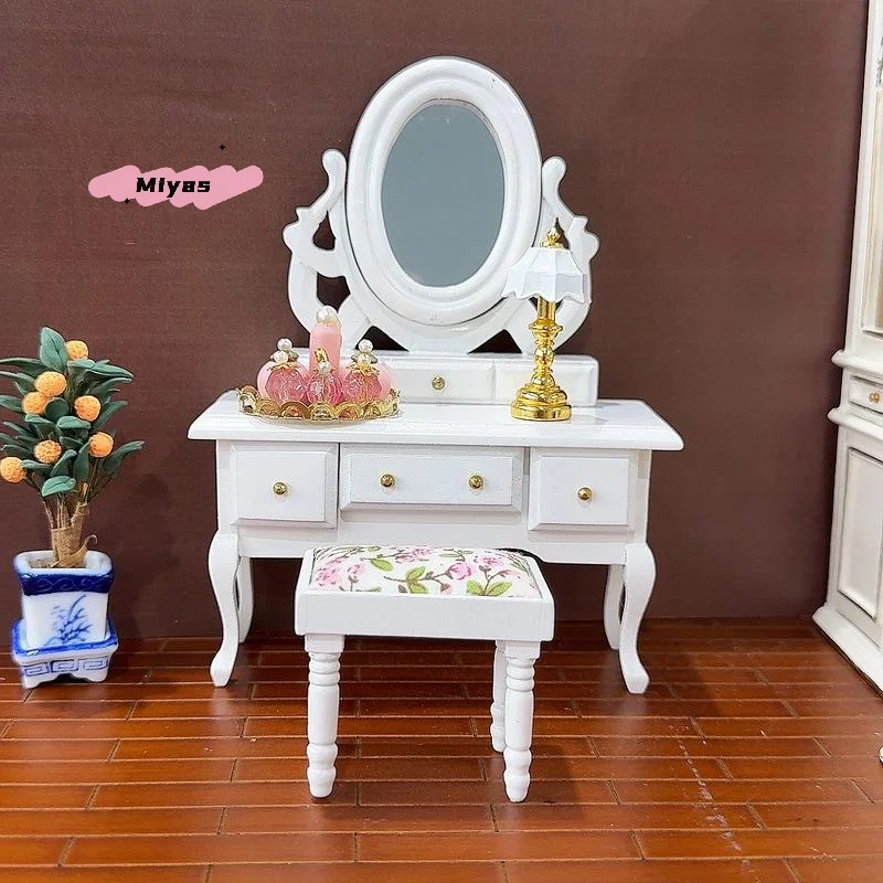 

Миниатюрный мебельный столик для кукольного домика, туалетный столик с зеркалом, стол для спальни, модель табурета, игрушки для ролевых игр, подарки 1/12