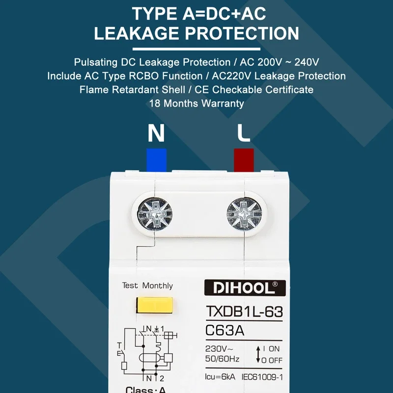 Type A  AC CLASS Rcbo 110V 220V RCCB 10A 20A 40A 50A 63A 30mA Residual Current Circuit Breaker Leakage WIth Overload Protection