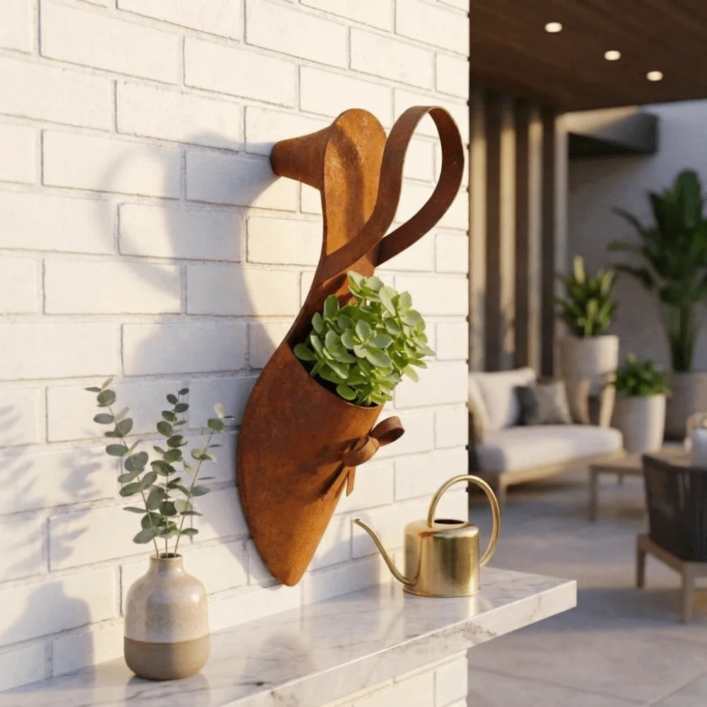 Rusty Finish High-Heeled Shoe Flower Basket Simulated Retro Style Metal Planter Creative Decorative Flower Basket Rural Setting