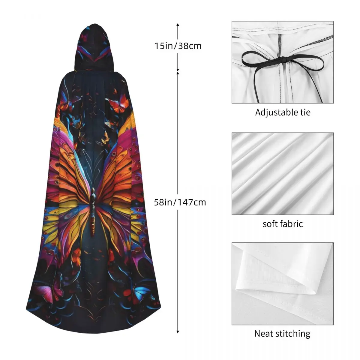 カラフルな蝶のロングフード付きマント魔女中世コスチュームコスプレケープハロウィンコート大人ユニセックス
