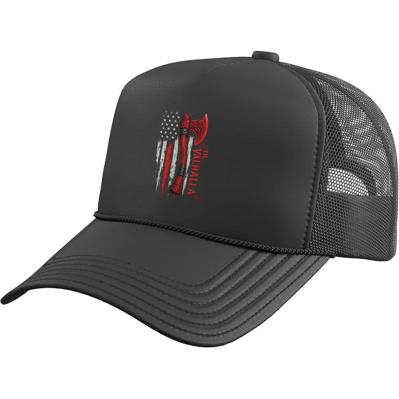 Viking Axe with American Flag - Til Valhalla Design Trucker Hat with Adjustable Mesh Back