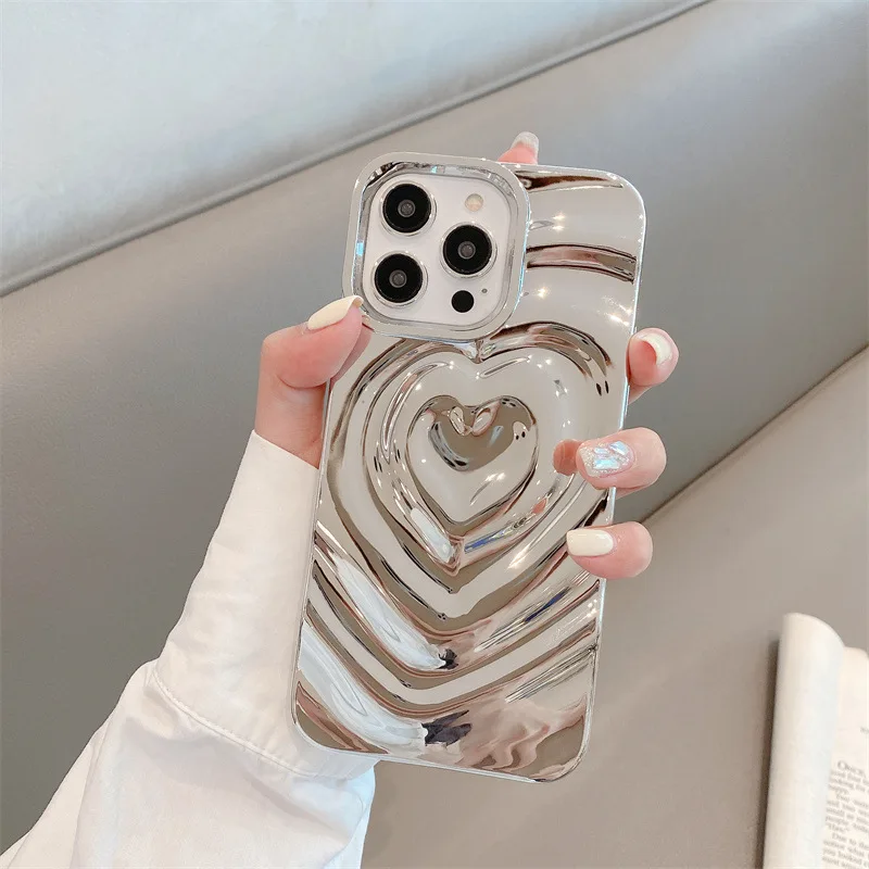Korean Candy Color Plating Wave Love Heart Glitter Phone Case For iPhone 17 16e 15 14 13 12 Pro Max Shockproof Protective Cover