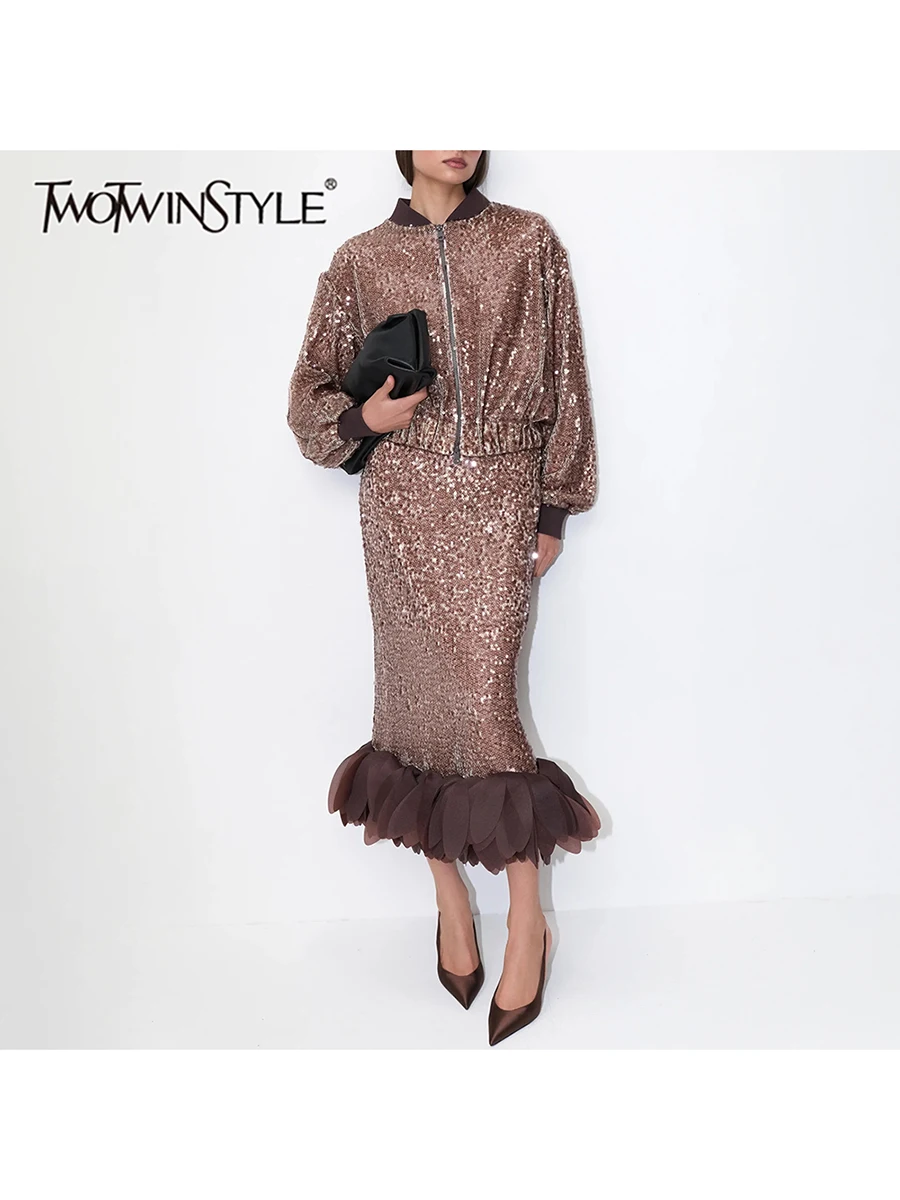 TWOTWINSTYLE Sequined Spliced Zipper Loose Two Piece Set for Women Stand Neck Long Sleeve Top High Waist Midi Skirt Sets Female