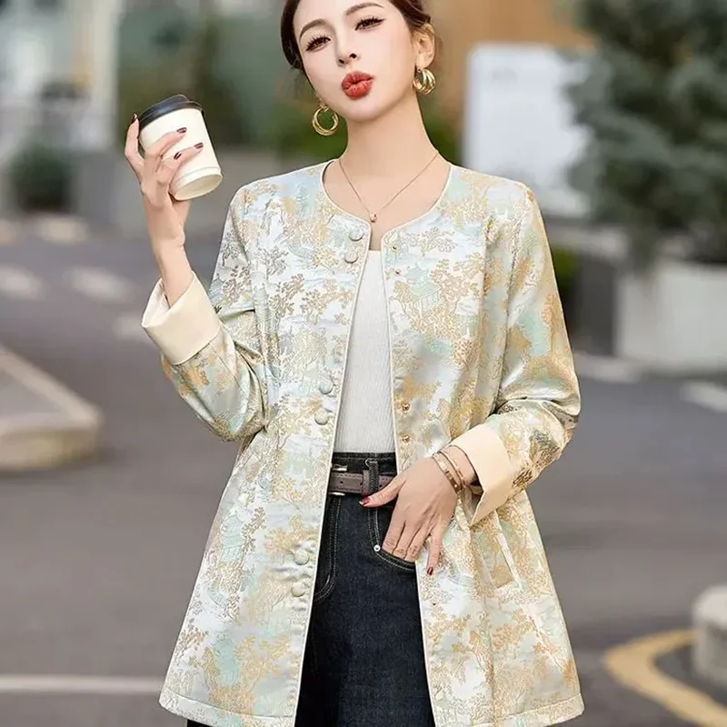 

New Chinese National Jacket Outwear Women Overcoat Spring Autumn 2026 New High-End Mid-length Vintage Jacquard Tight Waist Tops