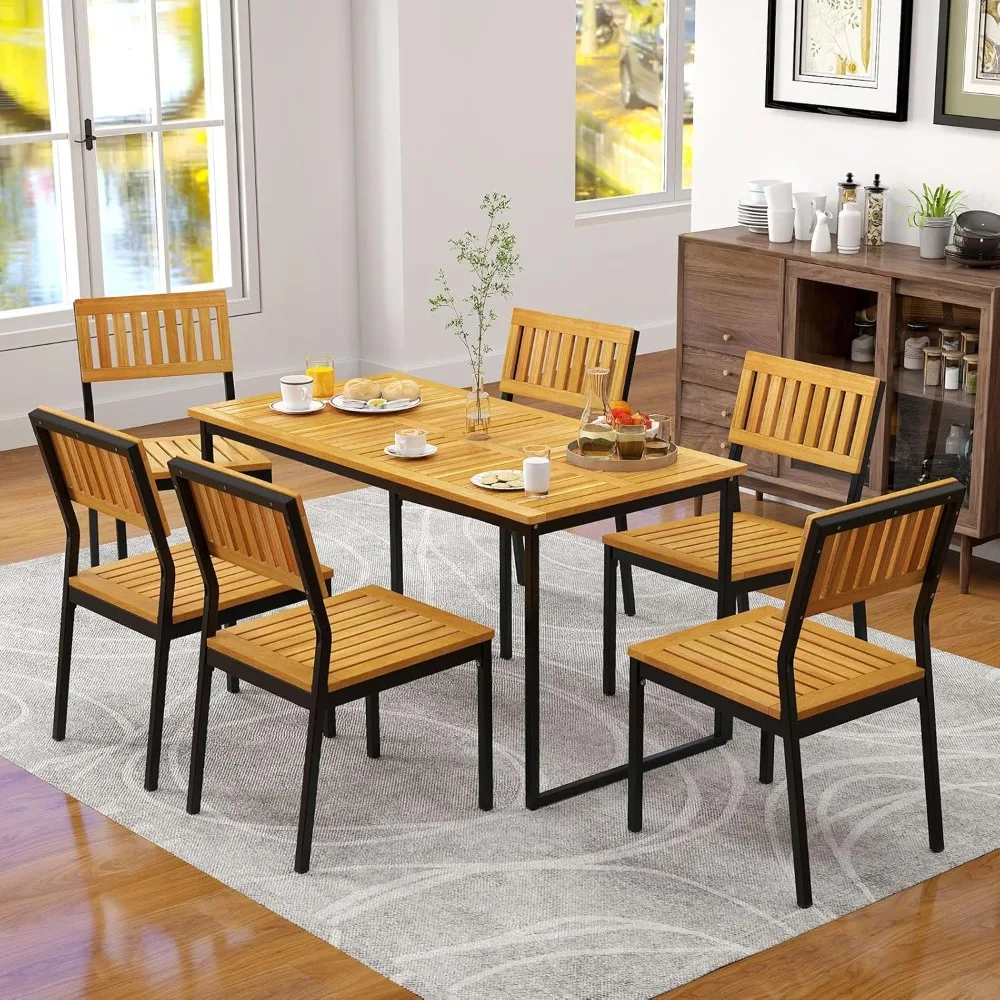 

Acacia Wood Patio Dining Table for 6 People, 55 inch Rectangle Patio Table with Slatted Tabletop, Metal Frame & Umbrella Hole.