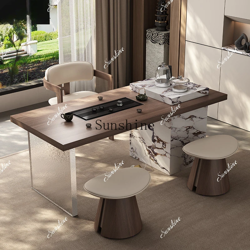 

Living room household small Italian modern high-end walnut grain rock slab balcony tea table FT