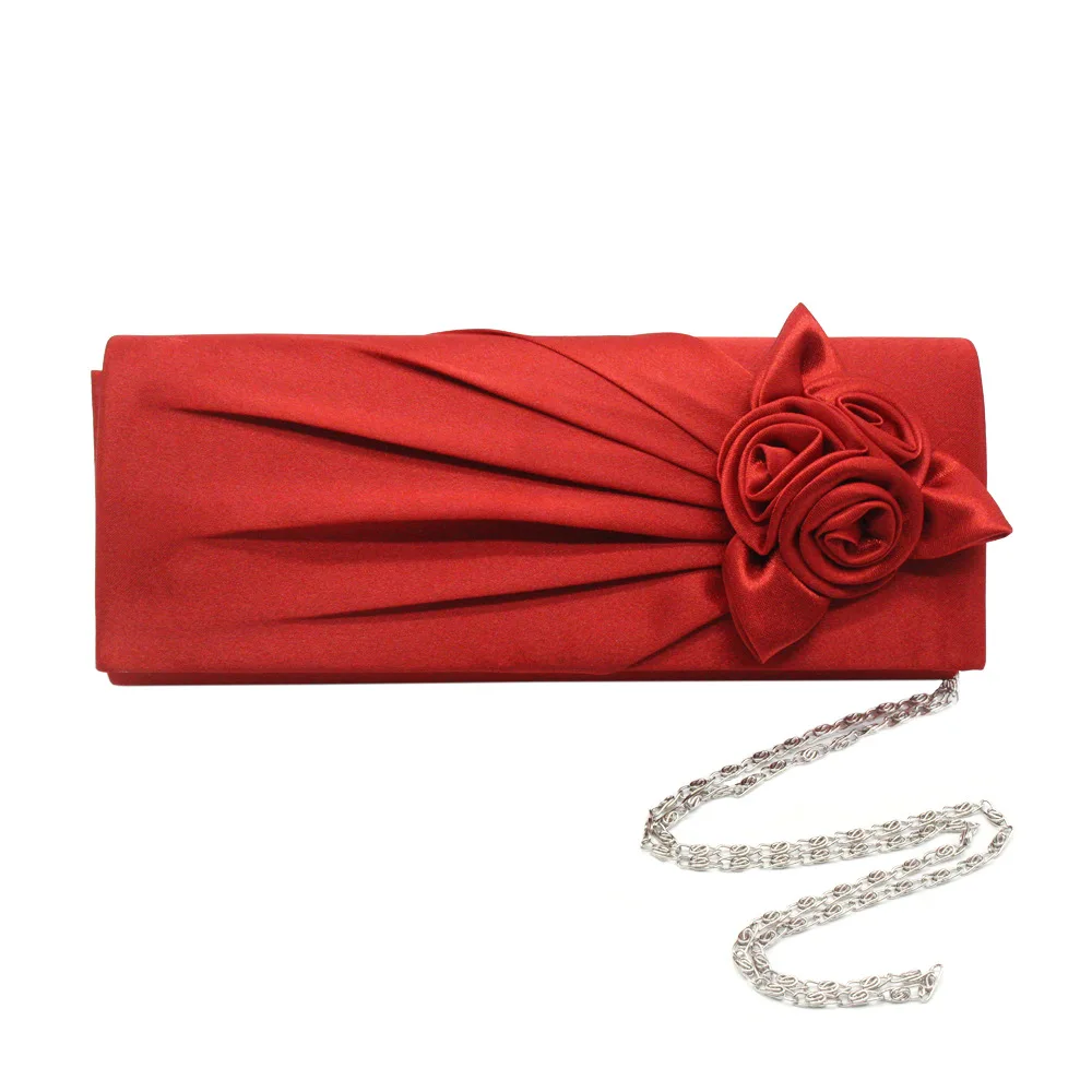 Retro Satin Rose Evening Bags para Mulheres, Bolsa de Embreagens Pequenas para Festa de Baile, Bolsa de Ombro Corrente de Prata