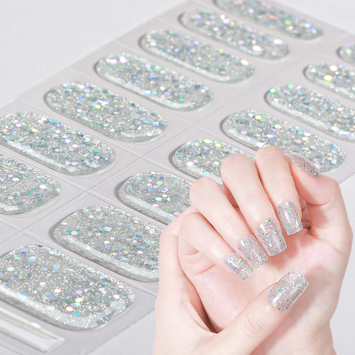 

16Tips Semi Cured Gel Nail Strips Sparkly Shinning Self-Adhesive Gel Nail Wraps Full Cover UV Nail Sticker