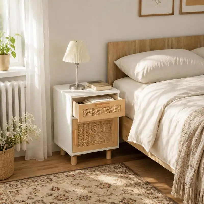 Table de chevet blanche en pin massif et rotin naturel
