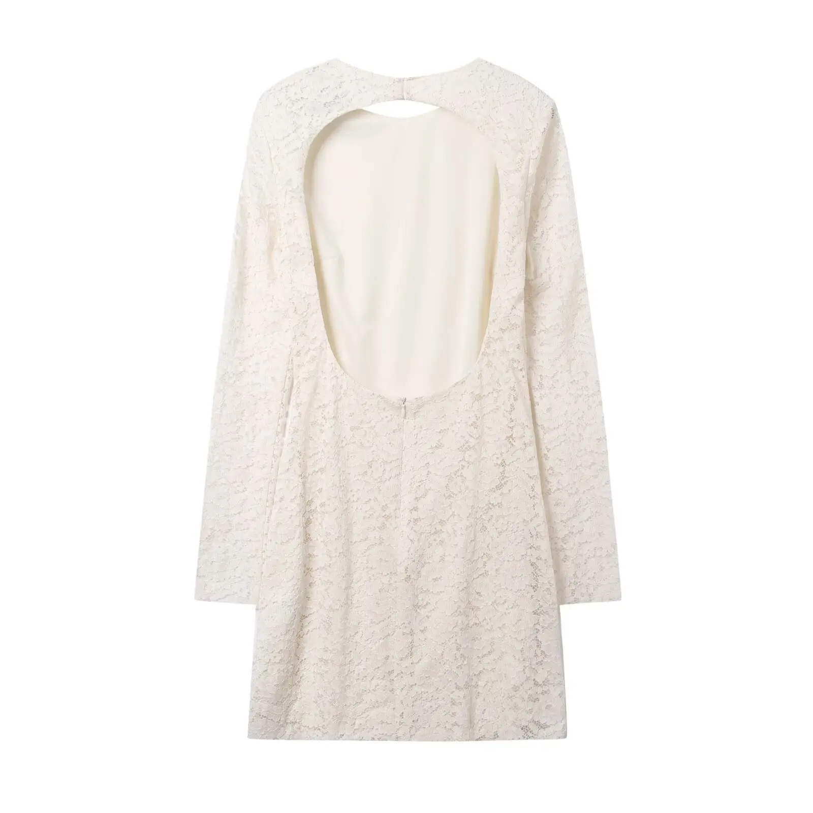 Robe courte en dentelle pour femmes, dos nu, à la mode, découpe, manches longues, col rond, Mini longueur, Slim, nouvelle collection