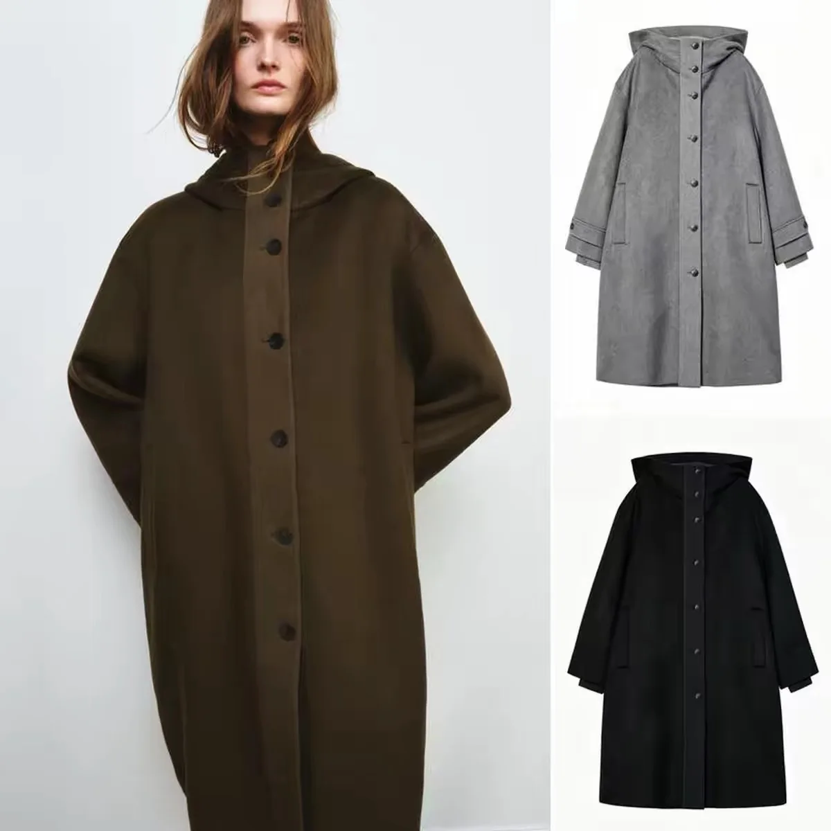 Early Autumn New Arrival Women's Fashionable Hooded Mixed Media Patchwork Parka Coat Long Sleeve Stand Collar Single Button