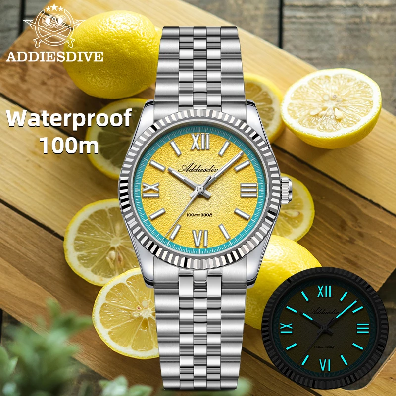 ADDIESDIVE New Colorful Dial Quartz Watch VH31 Business Sapphire Glass 36mm Male Reloj Hombre Stainless Steel 100M Diver Watches