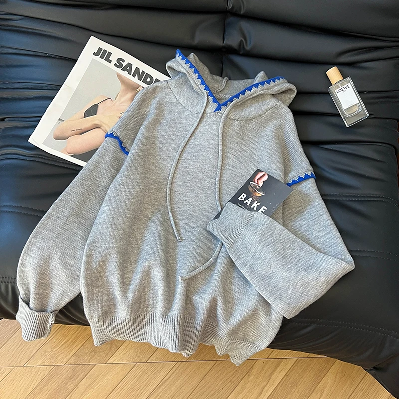 Damska szara bluza z kapturem w stylu lat 90., vintage streetwear, koreański Harajuku, długi rękaw, oversize, top, odzież 2025